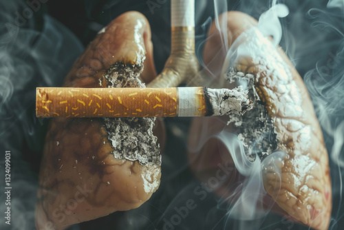 Cigarette with smoke on lungs model representing smoking danger and lung cancer health warning concept, concept: smoking, health, lungs