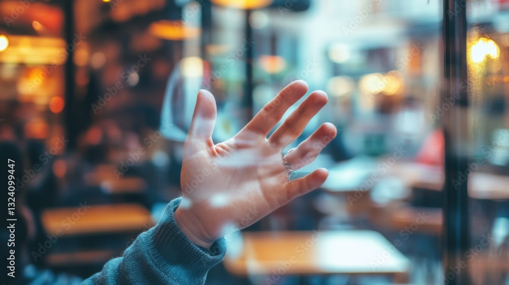 Obraz premium Hand reaching through cafe window
