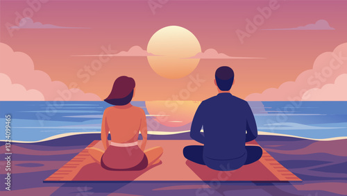 As the sun sets over the horizon a couple can be seen sitting on a blanket their eyes closed as they meditate with the sound of the gentle crashing waves in the background.. Vector illustration