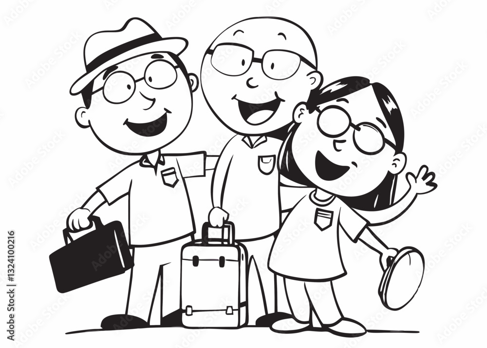 cheerful illustration of three people, including two men and one woman, standing together with luggage and smiling, suggesting travel or vacation theme cheerful illustration of three people, including two men and one woman, standing together with luggage and smiling, suggesting travel or vacation theme