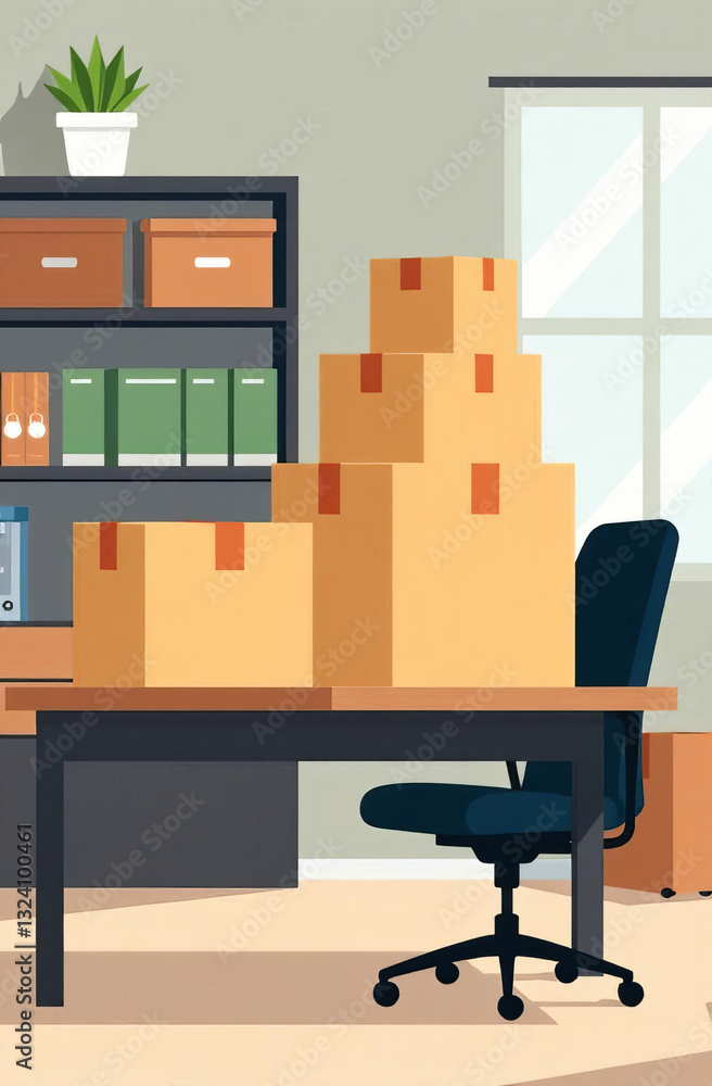 Fototapeta premium Cardboard boxes on a wooden desk in a modern office with a black chair. Relocation or workplace organization.