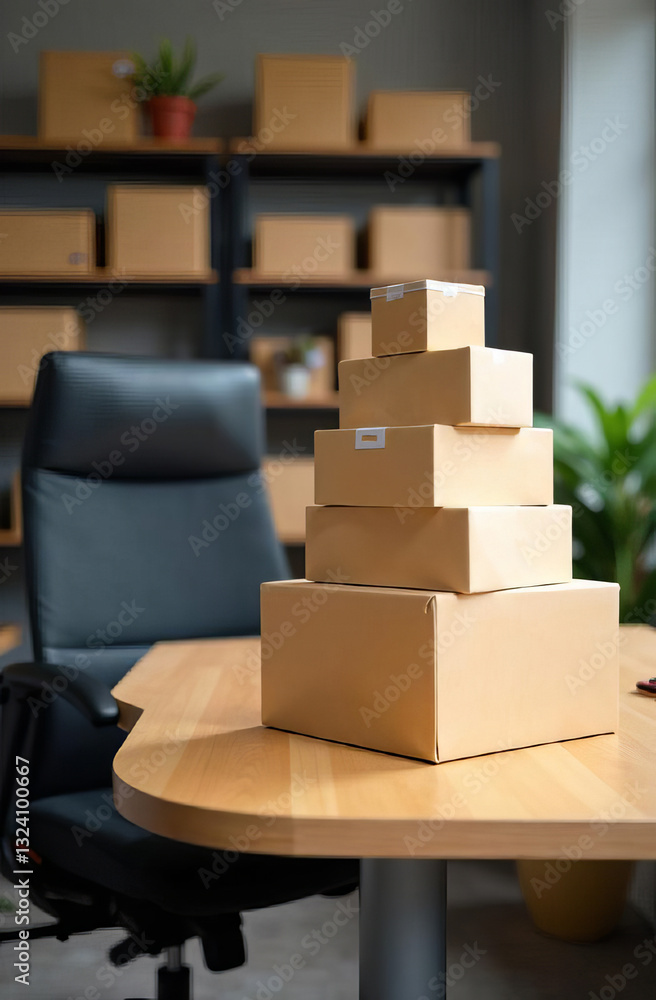 Cardboard boxes on a wooden desk in a modern office with a black chair. Relocation or workplace organization. Cardboard boxes on a wooden desk in a modern office with a black chair. Relocation or workplace organization.