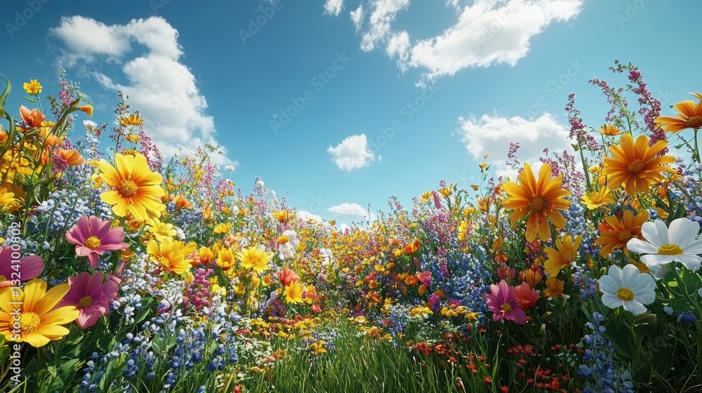 Enchanting Flower Garden with a Stone Pathway Beside a Brick House on a Sunny Day, Featuring Vibrant Blooming Flowers, Lush Greenery, and a Bright Blue Sky with White Clouds