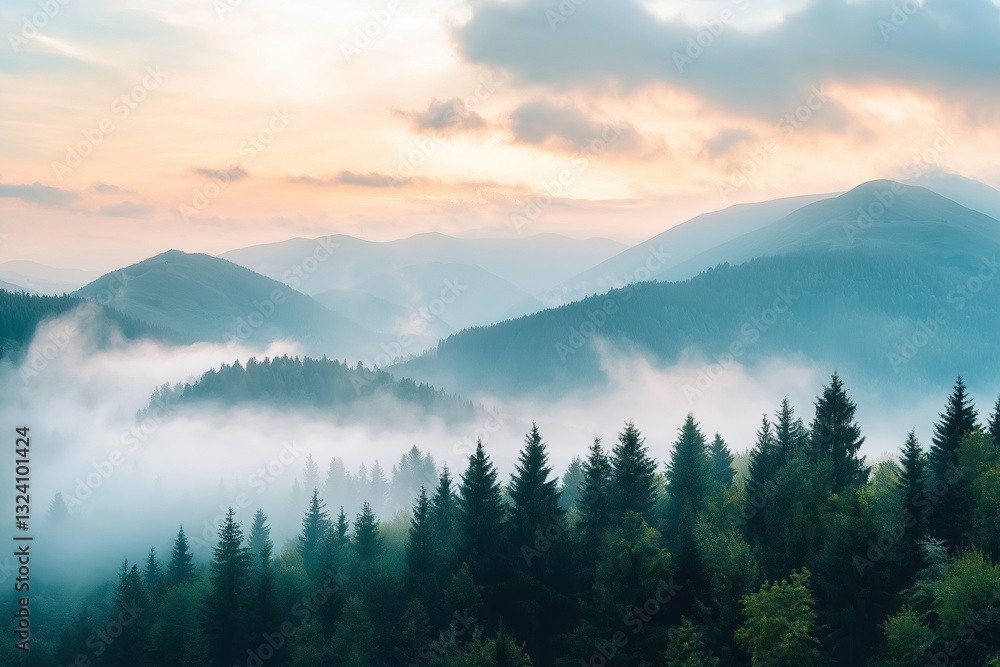 Misty Mountain Landscape with Pine Trees at Sunrise, Creating an Ethereal and Tranquil Atmosphere, Embodying Nature's Serenity and Beauty Misty Mountain Landscape with Pine Trees at Sunrise, Creating an Ethereal and Tranquil Atmosphere, Embodying Nature's Serenity and Beauty