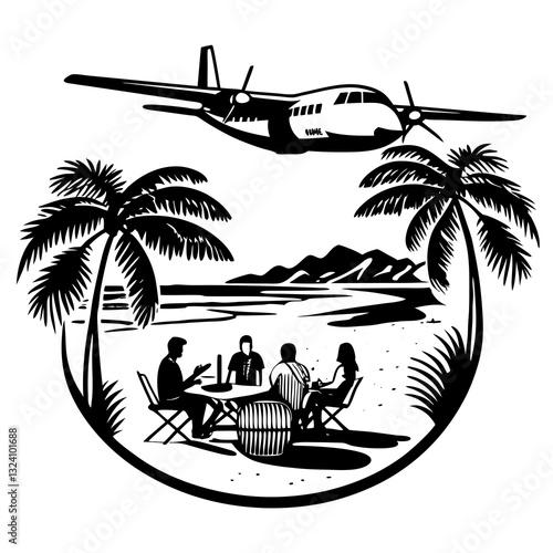 group of people enjoying tropical outdoor setting with palm trees, beach, and mountains in background, while airplane flies overhead, creating lively and adventurous atmosphere