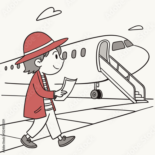 cheerful cartoon character wearing red hat and coat walks confidently toward airplane with boarding pass in hand, ready for exciting journey