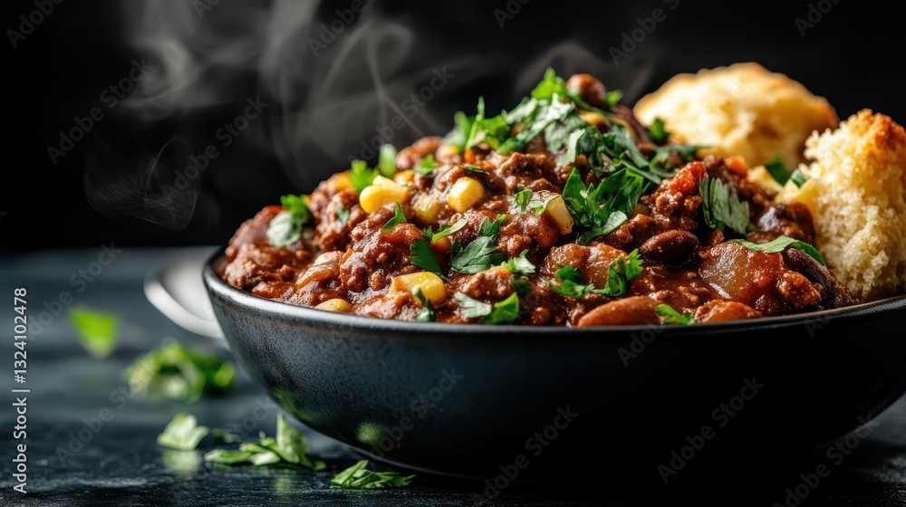 A lavish bowl of beef chili enriched with fresh vegetables and topped with herbs, paired with soft bread, ideal for comfort and satisfaction. A lavish bowl of beef chili enriched with fresh vegetables and topped with herbs, paired with soft bread, ideal for comfort and satisfaction.