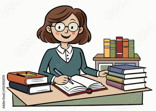 cheerful woman with glasses is sitting at desk, surrounded by books, writing in open book. scene conveys studious and focused atmosphere, with stack of books and bookshelf in background