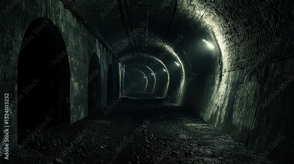 Obraz premium A dark underground coal mine with reinforced tunnels and flickering safety lights