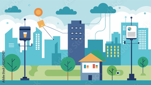 Lowcost air quality monitoring stations installed in urban neighborhoods provide realtime data on air pollution levels to inform residents and policymakers.. Vector illustration