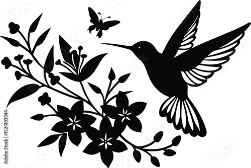 Silhouette hummingbird and flower isolated on white background