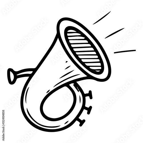 Wind musical instrument trumpet. Hand drawn doodle. French horn, pipe, bugle. Sound source. Musician's equipment. Blowing air. Vector line art illustration.