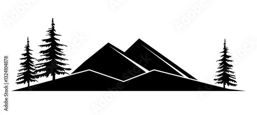 Black silhouette of mountains and fir trees camping adventure wildlife landscape panorama illustration icon vector for logo, isolated on white background.