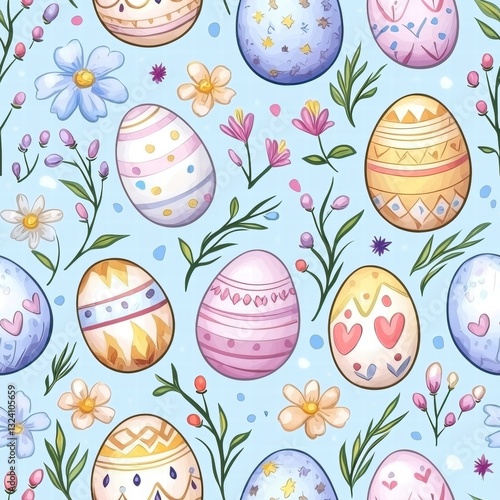 Charming Easter Eggs and Floral Pattern Design with Pastel Shades Decorative Holiday Wallpaper