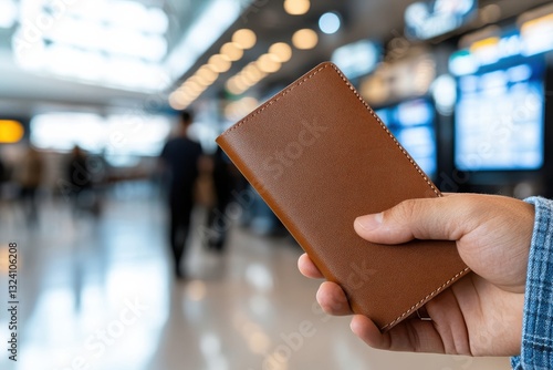 A hand holds a sleek brown wallet in an airport terminal, emphasizing travel essentials and the excitement of embarking on a new journey, with blurred figures in the background. photo