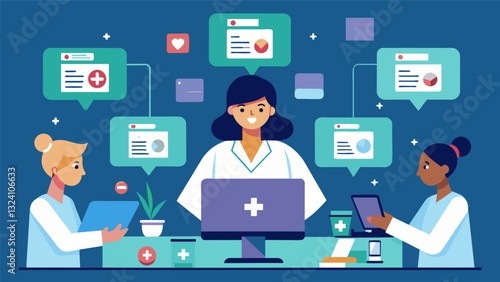 Nurses quickly navigating through multiple computer screens accessing realtime patient data to make informed decisions about medication dosages and treatments.. Vector illustration