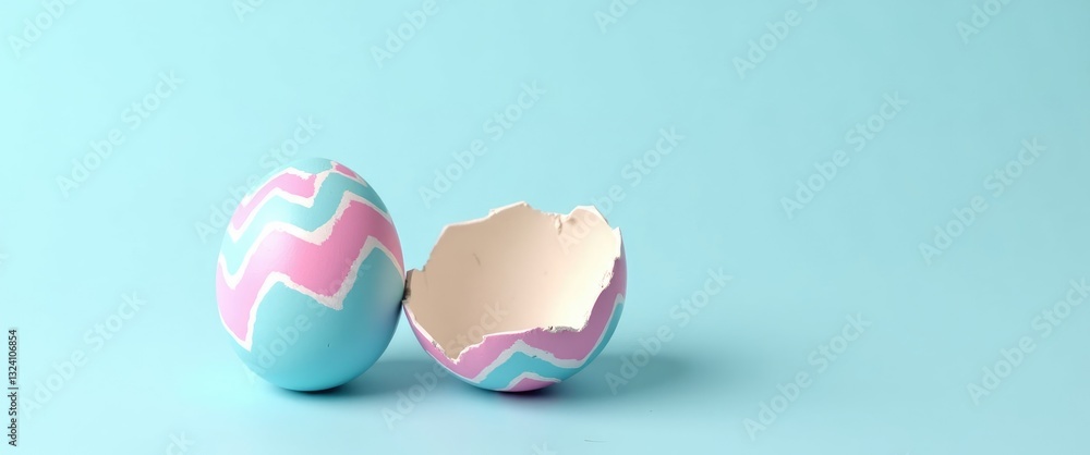 Pink and blue Easter egg shattered and opened in two halves. Vacant space for text or product.