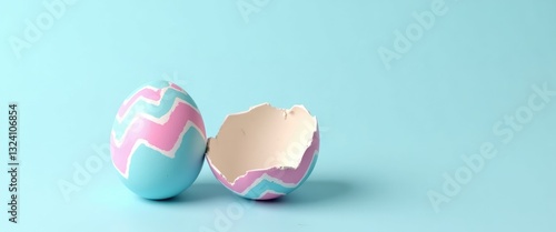 Obraz na płótnie Pink and blue Easter egg shattered and opened in two halves. Vacant space for text or product. w salonie