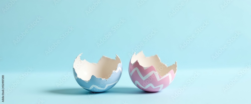 Easter egg in pink and blue, cracked open and split in half. Empty space available for text or product.