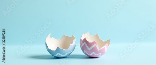 Obraz na płótnie Easter egg in pink and blue, cracked open and split in half. Empty space available for text or product. w salonie