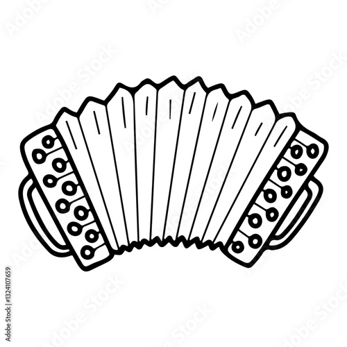 Musical instrument accordion. Hand drawn doodle. Musician's equipment. Keyboard mechanism. Vector line art illustration.