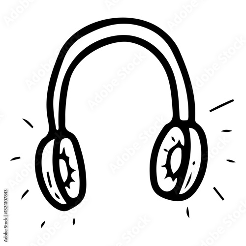 Music headphones. Hand drawn doodle. Recording studio equipment. Overhead device with speakers for listening to voice, sound, song. Noise reduction. Vector line art illustration.