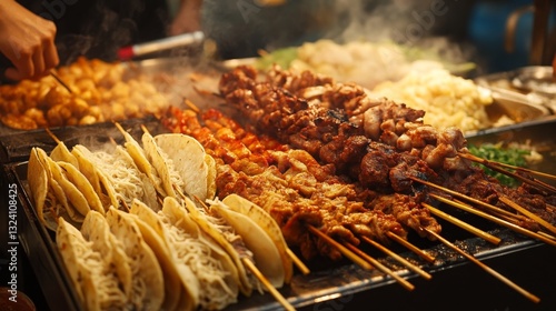 shashlik, tacos, potatoes, cheese, vegetables