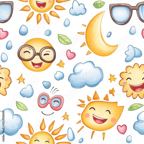 Seamless pattern with Playful Celestial Bodies and Weather Elements Pattern Happy Sun Moon Clouds Hearts and Stars