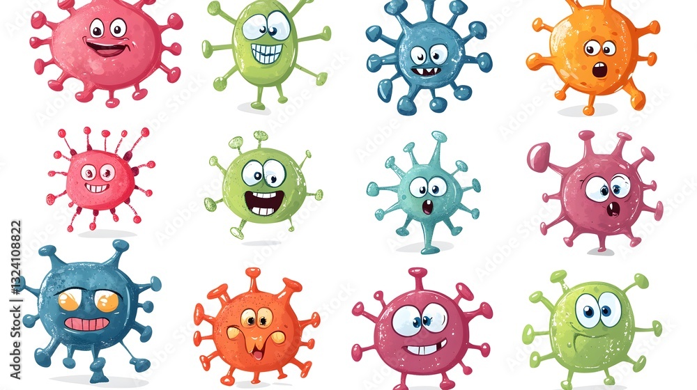 Whimsical Cartoon Collection of Adorable Virus and Bacteria Characters in Isolated Setting Whimsical Cartoon Collection of Adorable Virus and Bacteria Characters in Isolated Setting