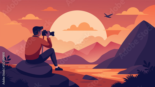 As the sun sets on the horizon I reflect on the incredible photos I have captured and the peacefulness I have gained from my photography and mindfulness walk.. Vector illustration