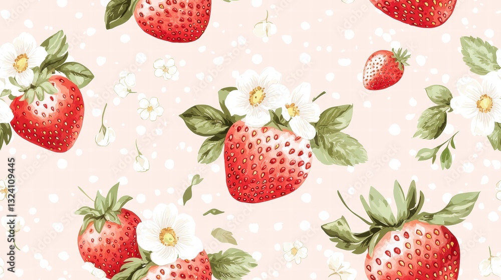 Seamless pattern with Strawberry Delight Pattern with Delicate Floral Accents for Sweet Summer Aesthetic Print Design Seamless pattern with Strawberry Delight Pattern with Delicate Floral Accents for Sweet Summer Aesthetic Print Design