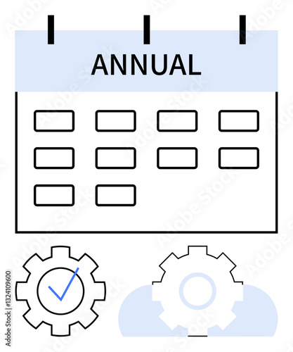 Calendar labeled Annual with grid layout, paired with cogs symbolizing task progress, deadlines, productivity. Ideal for planning, scheduling, workflow, efficiency organization teamwork. Flat