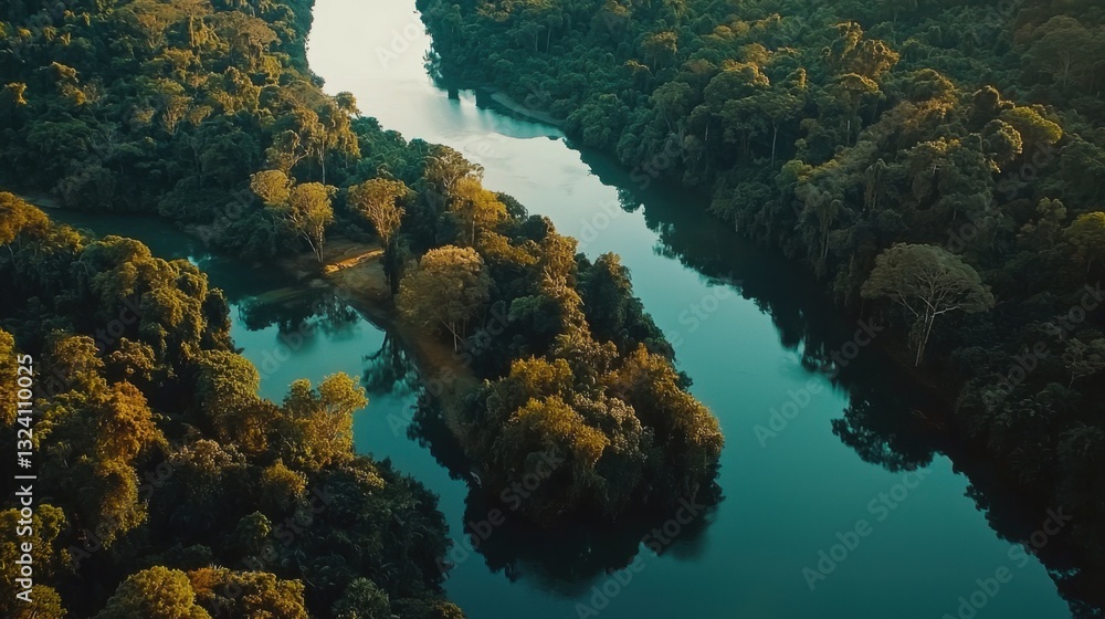 Amazon rainforest aerial view background. River cutting through dense, lush tropical forest. Calm water reflects greenery of surrounding trees and creating serene and peaceful atmosphere Amazon rainforest aerial view background. River cutting through dense, lush tropical forest. Calm water reflects greenery of surrounding trees and creating serene and peaceful atmosphere
