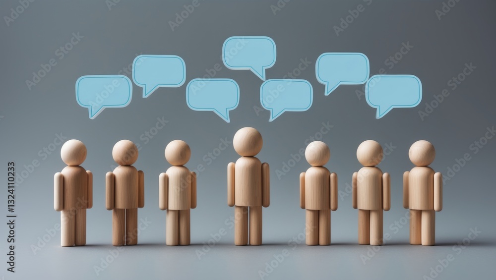 People figures with speech bubbles over their heads. Commenting on feedback, engaging in discussion. Brainstorming, innovative ideas. Communication in society. Cooperation and Collaboration.