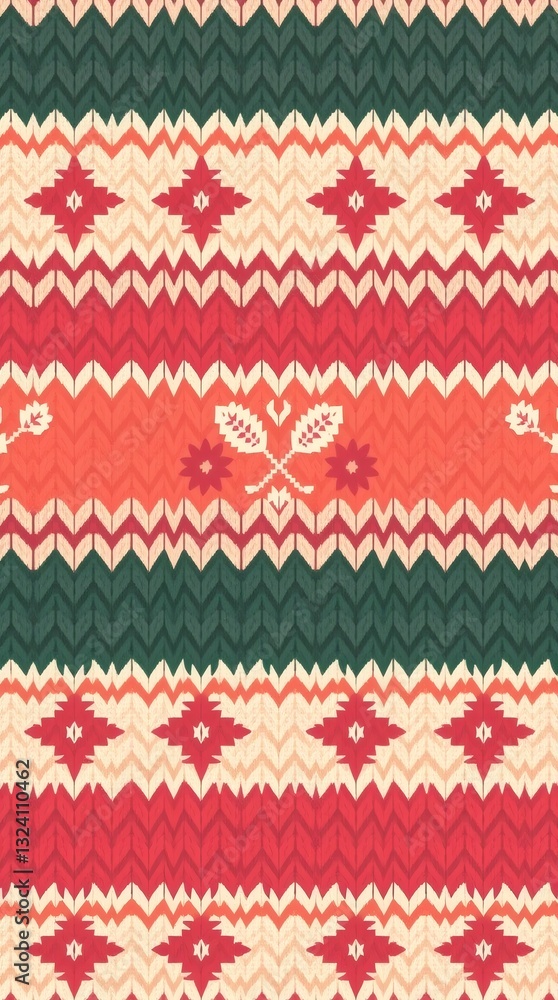 a vibrant and intricate knitted pattern design, featuring various geometric and floral motifs, in a harmonious color palette a vibrant and intricate knitted pattern design, featuring various geometric and floral motifs, in a harmonious color palette