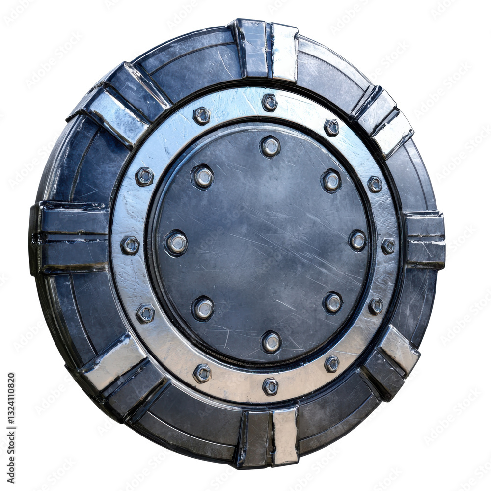 Naklejka premium Metallic shield with circular design and rivets, showcasing strength and durability