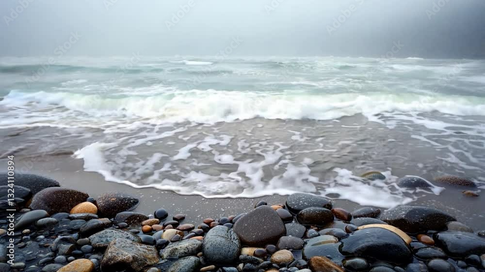 Calm beach scene with smooth pebbles, gentle waves, and foggy atmosphere in the background Calm beach scene with smooth pebbles, gentle waves, and foggy atmosphere in the background