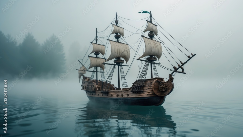Obraz premium Model of a pirate ship floating on water amidst fog.