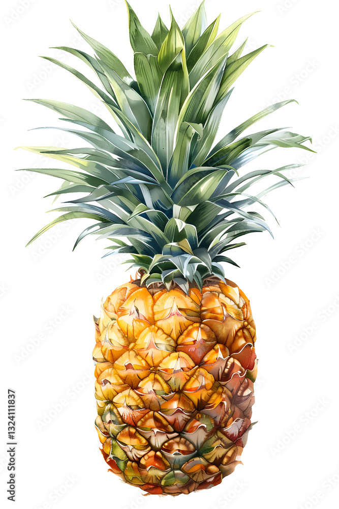 Fototapeta premium Detailed Watercolor Illustration of a Ripe Pineapple with Green Spiky Leaves