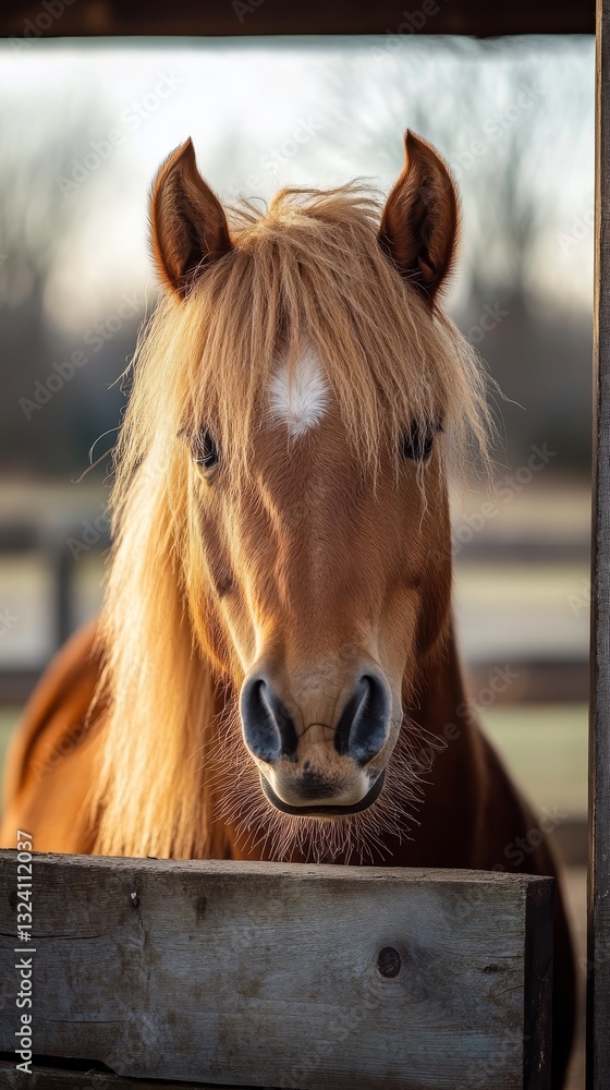 Fototapeta premium Majestic Brown Horse Portrait: A Captivating Close-Up of Equine Beauty in Natural Light, Set Against a Rustic Wooden Fence with a Glimpse of the Countryside