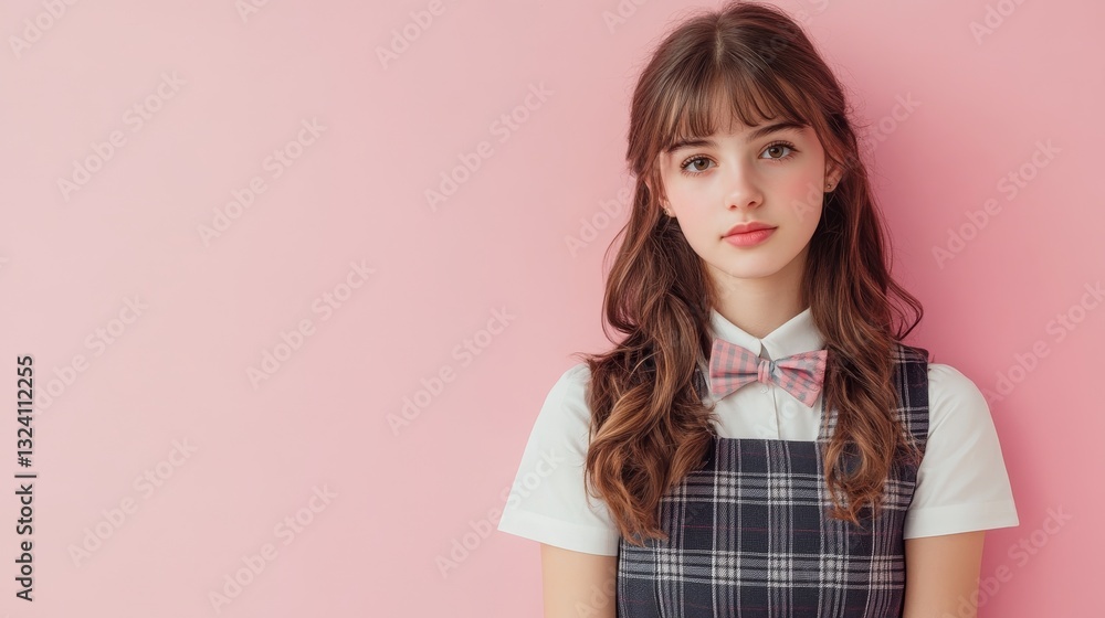 Young Woman in Stylish Outfit Posing Against Pink Background Young Woman in Stylish Outfit Posing Against Pink Background