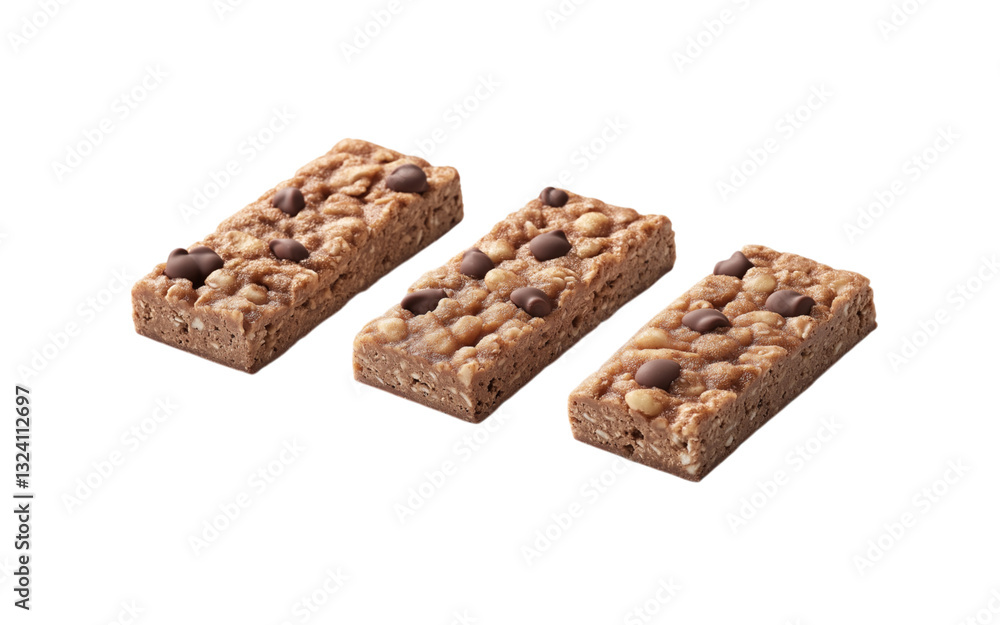 Chocolate, nuts and cereal bars falling on transparent background Chocolate, nuts and cereal bars falling on transparent background