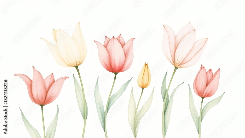 Fototapeta premium a collection of beautiful watercolor tulips in various shades of pink, yellow, and white with delicate leaves