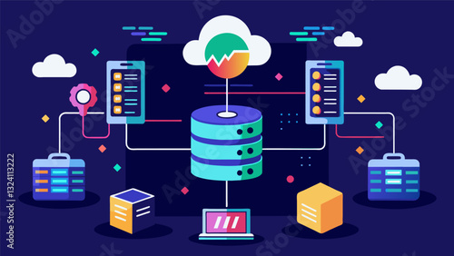 Inside the Petabyte Data Center data flowed like a neverending river feeding the growing demands of the digital world.. Vector illustration