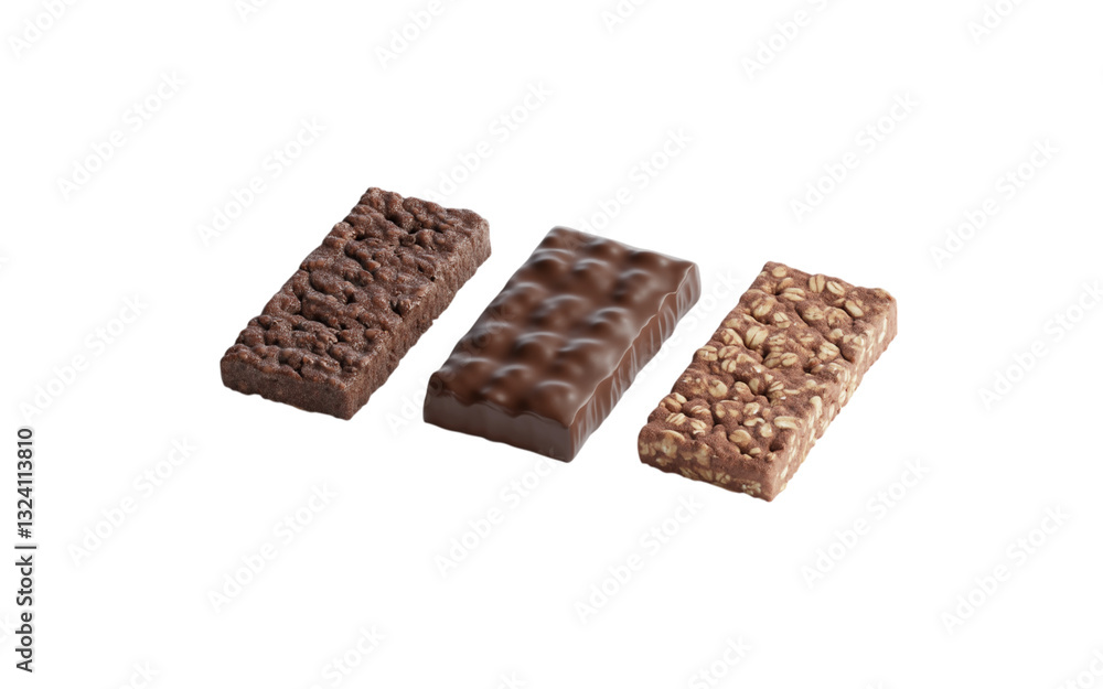 Chocolate, nuts and cereal bars falling on transparent background Chocolate, nuts and cereal bars falling on transparent background