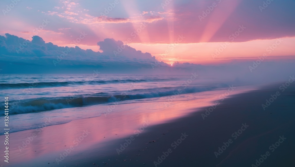 Fototapeta premium serene seaside sunset with pink skies and blue sunrays