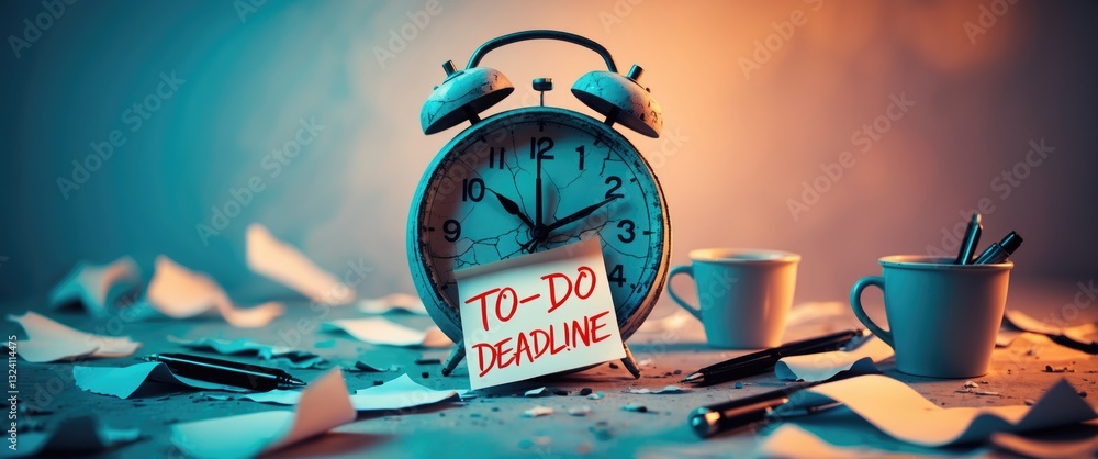 Procrastination, delay, and urgency theme. A white alarm clock displaying a sticky note with text.
