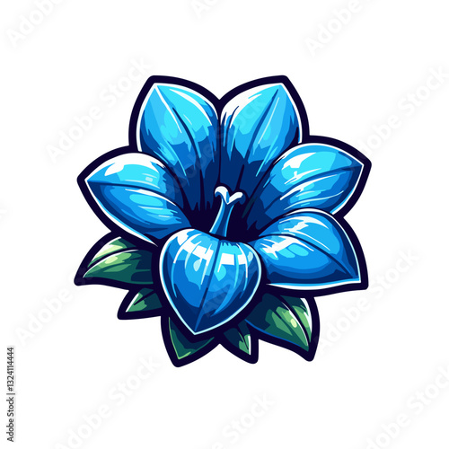 Stylized blue bellflower with glossy petals and green leaves