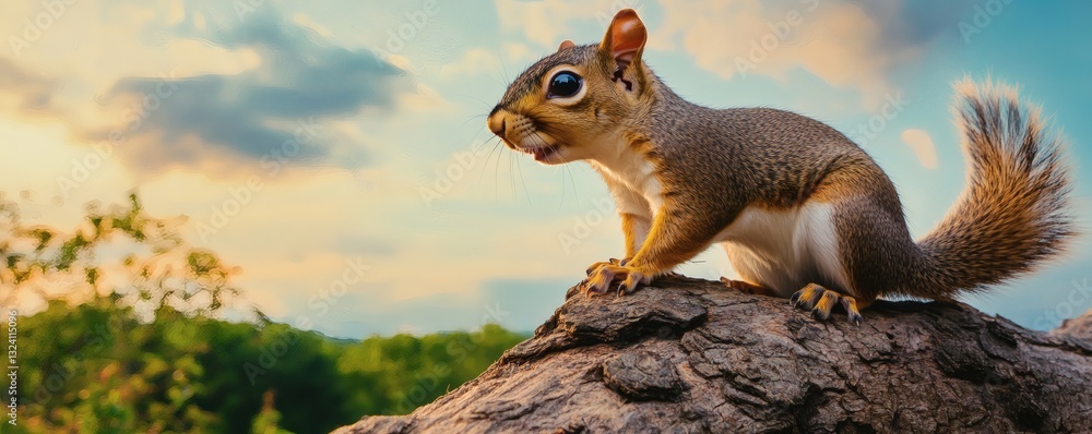 Obraz premium A curious squirrel perched on a rock looking towards the distance