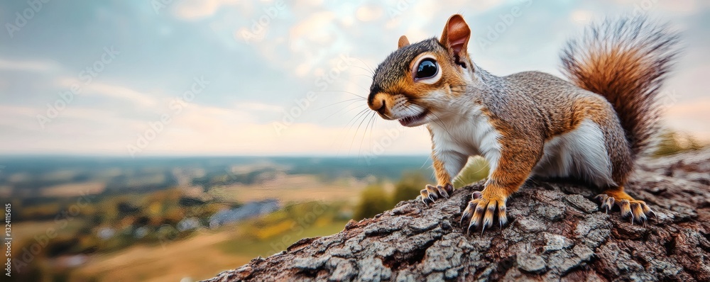 A curious squirrel perched on a tree branch with a vista A curious squirrel perched on a tree branch with a vista